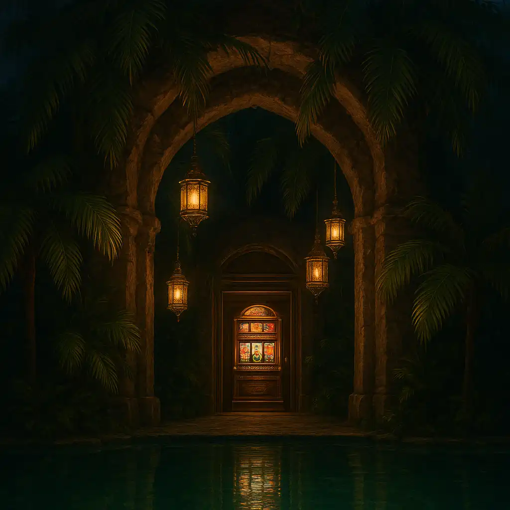 Luxury emerald oasis casino lobby with palm trees, glowing lanterns and slot machines