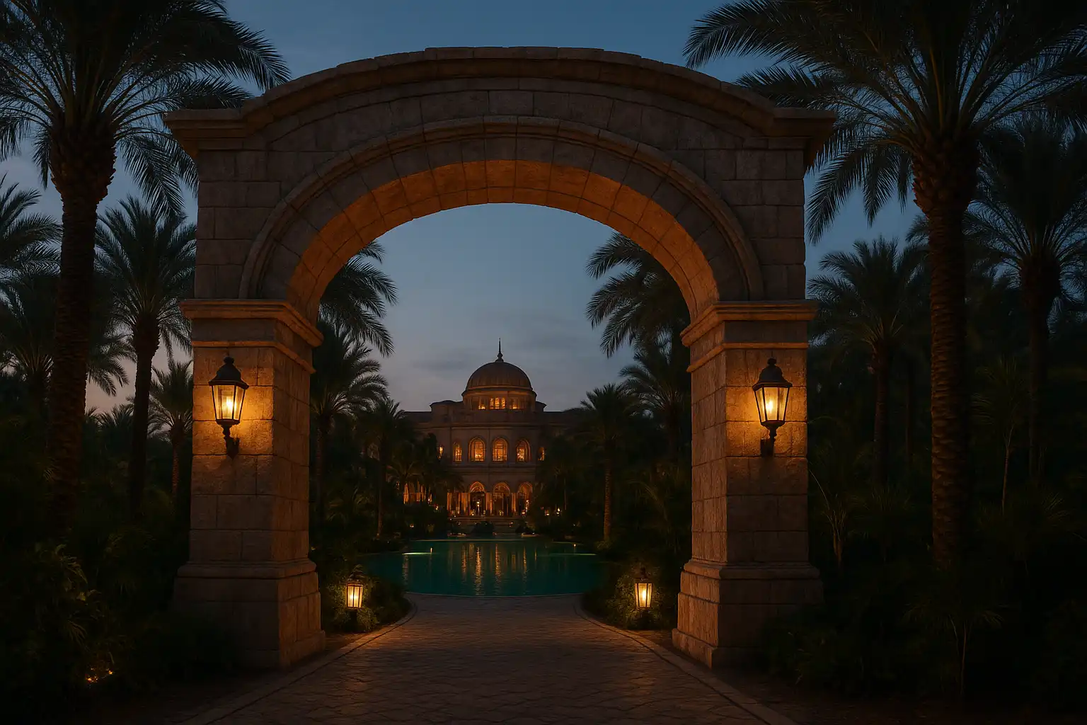 Stone archway leading into the EkolBet emerald oasis casino resort