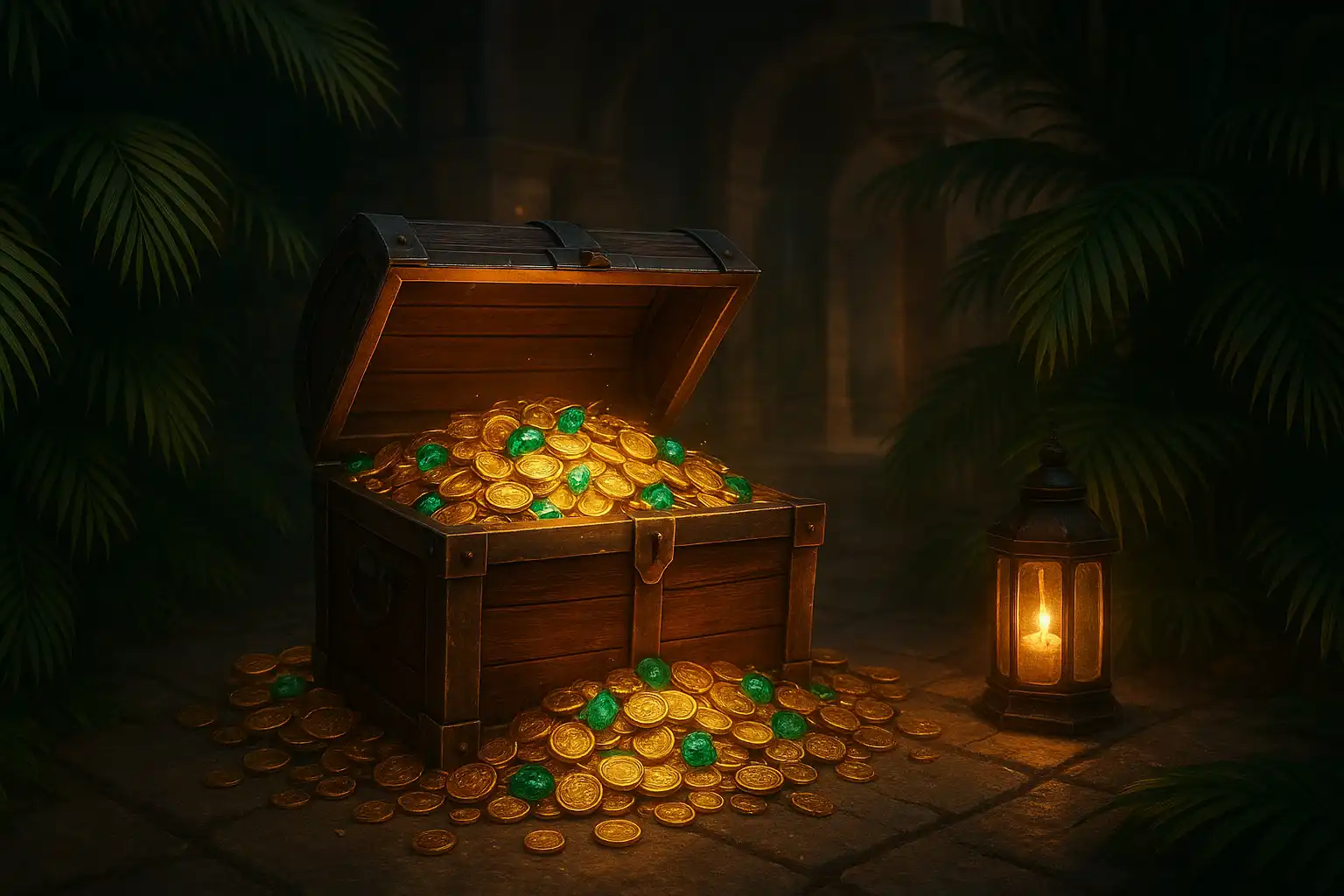 Glowing bonus chest surrounded by palm leaves in the EkolBet emerald oasis